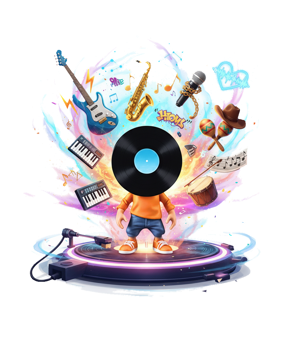 A record surrounded by instruments representing genres we match on