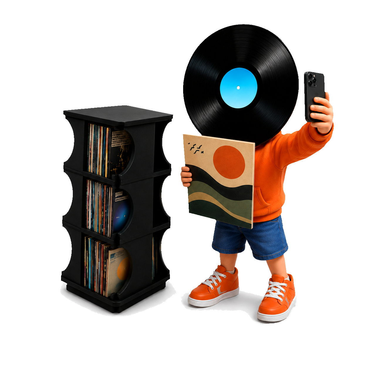 Our mascot taking a selfie next to a Collective Archive record tower